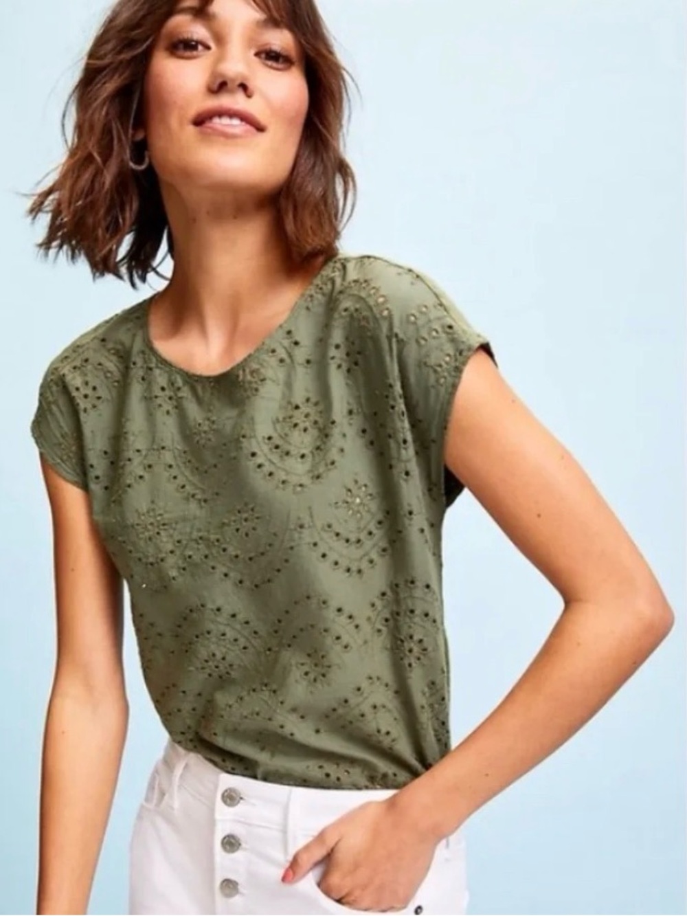 Old Navy Olive Eyelet Cap Sleeve Tee